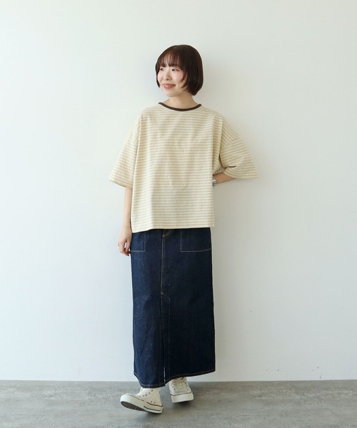 PAR ICI（パーリッシィ） tシャツ ボーダー配色バインダー 5分袖BIG T 