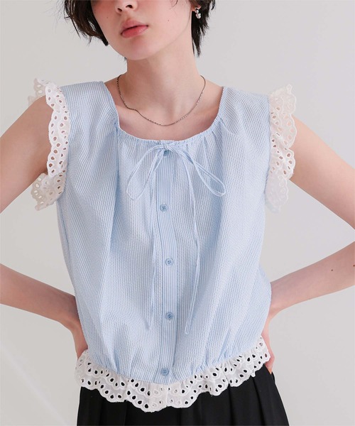 【新品同様】DOLCE&GABBANAフリルトリム ノースリーブ レースブラウス titivate（ティティベイト） ブラウス シャツ レースフリル付き
