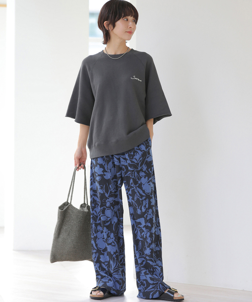 ワイドパンツ パンツ 「追加」バイカラーリーフプリントパンツ レディースの画像