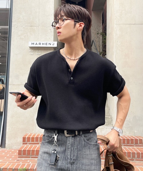 NOWLE（ノウル） ヘンリーネック tシャツ 「NOWLE」凹凸ワッフル