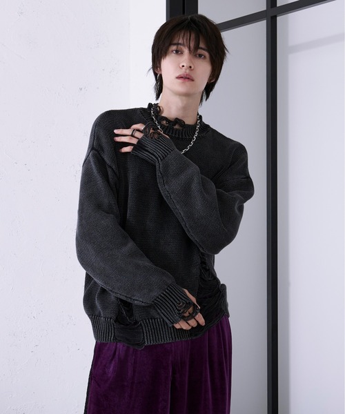 Ellno Loset セーター ニット ダメージストーンウォッシュニット