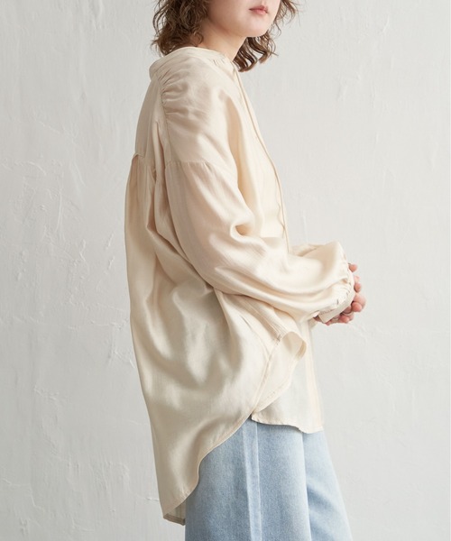 notch. ブラウス シャツ リボン付きバンドカラーシャツ レディース