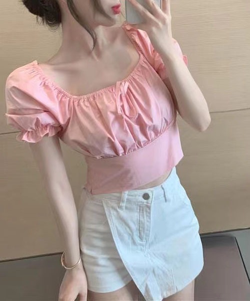 tシャツ パフスリーブドットリボントップス　ribbon puff tops レディース tシャツ puff sleeve square tops（パフスリーブスクエア