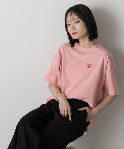 ad thie（アドティエ） tシャツ 半袖 ハート刺繍 ワンポイントTシャツ