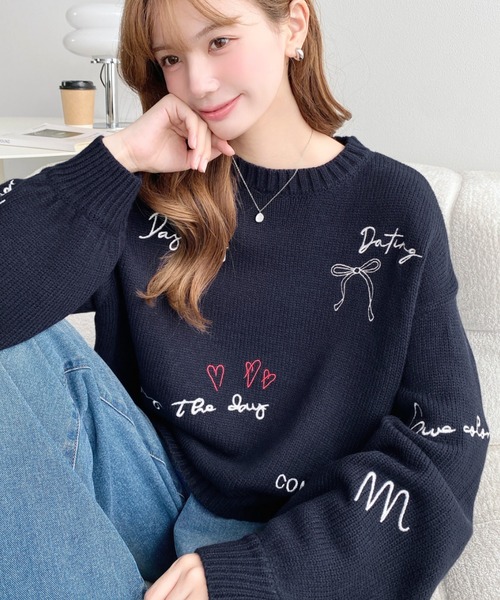 moment+ ニット セーター 落書き刺繍ニットプルオーバー「手洗い可能