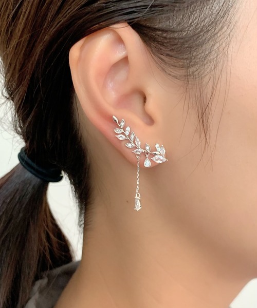 ciite' ピアス リーフモチーフ ビジューピアス イヤーカフ風 (両耳用