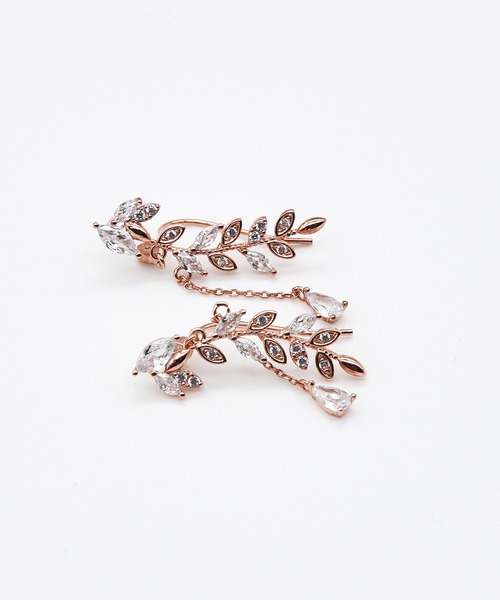 ciite' ピアス リーフモチーフ ビジューピアス イヤーカフ風 (両耳用