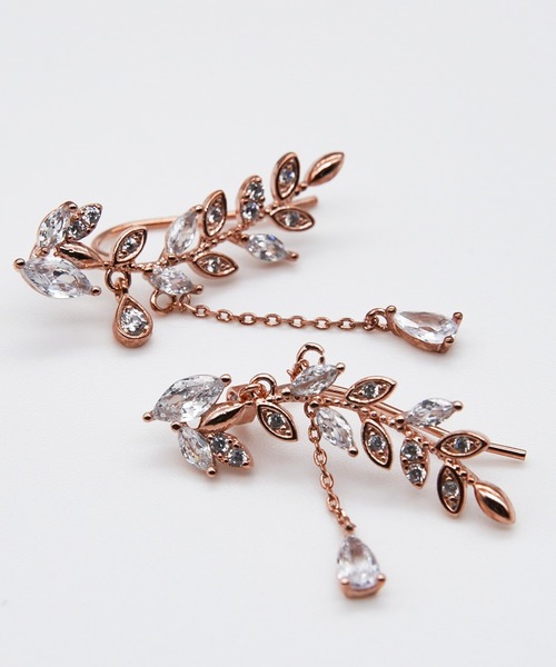 ciite' ピアス リーフモチーフ ビジューピアス イヤーカフ風 (両耳用
