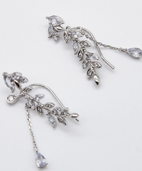 ciite' ピアス リーフモチーフ ビジューピアス イヤーカフ風 (両耳用