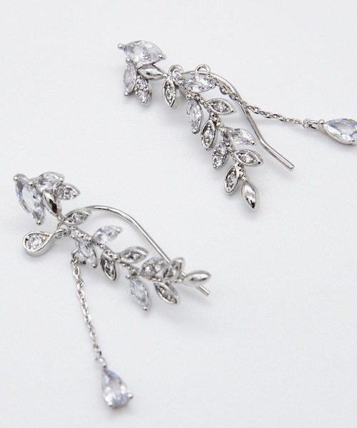 ciite' ピアス リーフモチーフ ビジューピアス イヤーカフ風 (両耳用