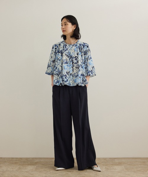 ブラウス シャツ 「洗える」フェイディドフラワープリント・無地ブラウス レディース ROPÉ(ロペ) / 【洗える】フェイディドフラワープリント・無地