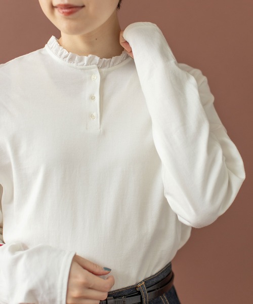 tシャツ コーマ天竺 ヘンリーネックフリルカットソー レディース
