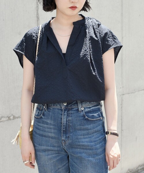 「quaranciel」 半袖ブラウス ONE SIZE ネイビー レディース