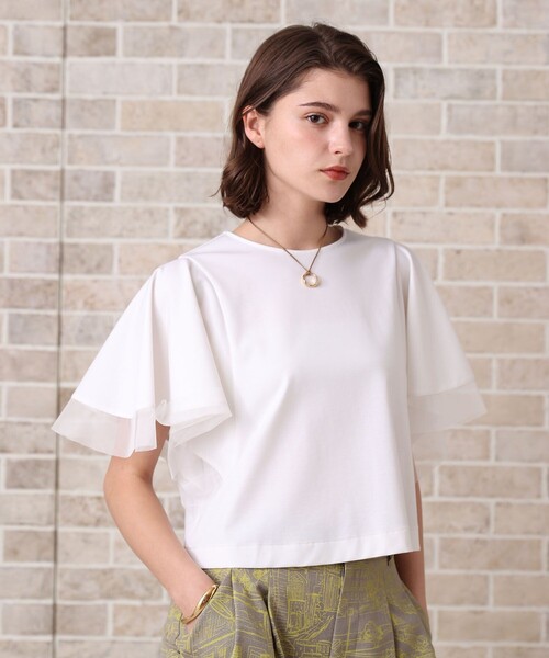 ANAYI フリル付きトップス 半袖 ANAYI（アナイ） tシャツ 半袖 ポンチオーガン使いフレア袖 プル