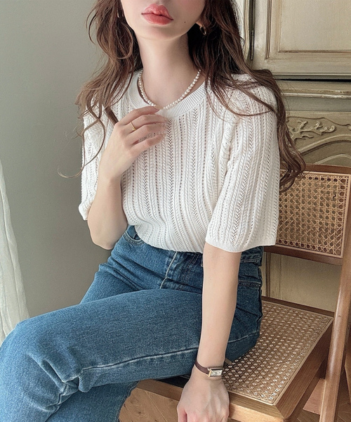 「Meiru」 半袖ニット LARGE チャコール レディース_画像6