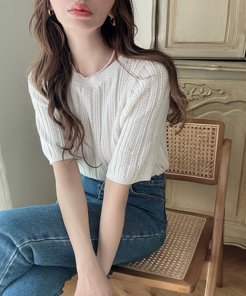 「Meiru」 半袖ニット LARGE チャコール レディース_画像8