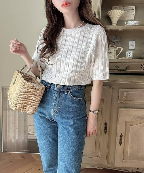 「Meiru」 半袖ニット LARGE チャコール レディース_画像9