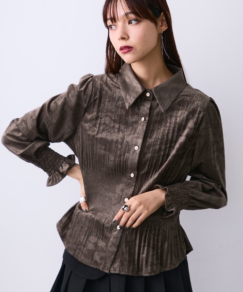 MONOe ブラウス シャツ チャイナ柄プリーツマットシャツ レディース
