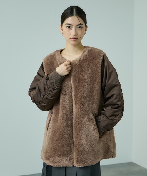 値下げ　NO.ID ボア切り替えコート　サイズ1 VICKY（ビッキー） ノーカラーコート コート ボア切替ノーカラーミドル