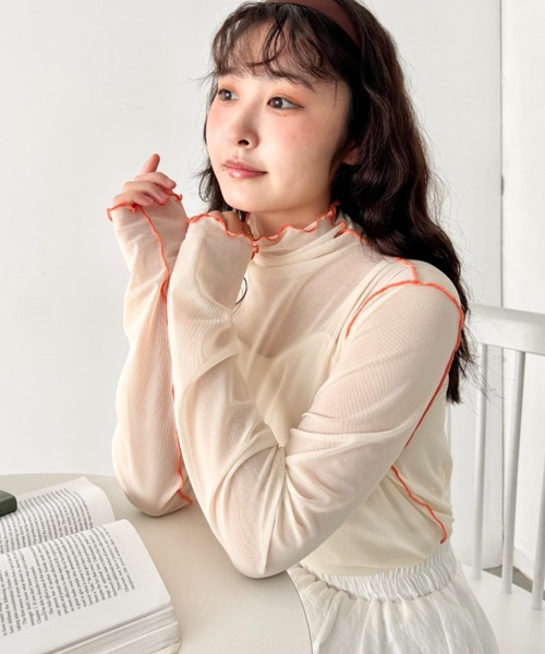 SOLLON.（ソルロン） tシャツ パイピングシアーハイネックトップス