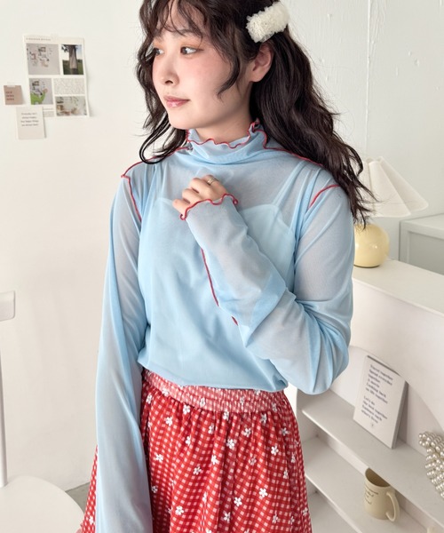 SOLLON.（ソルロン） tシャツ パイピングシアーハイネックトップス