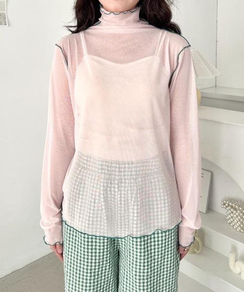 SOLLON.（ソルロン） tシャツ パイピングシアーハイネックトップス