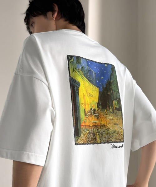 極美品♪45rpm コットン 半袖Tシャツ 白 ホワイト 日本製 ロゴ刺繍 Java tシャツ 「ゴッホ絵画グラフィック」ステッチ刺繍MIXデザイン 高