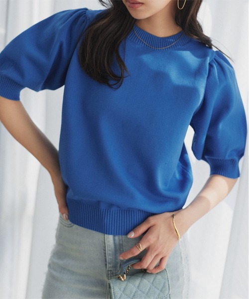 美品】ミュベール チェリー 5分袖 リブニット セーター ネイビー 38 KOBE LETTUCE（神戸レタス） サマーニット ニット セーター ボリューム