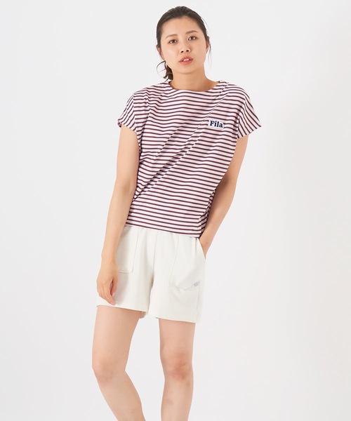 25825　FILA レディース　半袖カットソー　ピンクＸ白ボーダー　サイズXL FILA tシャツ 「FILA:フィラ」ボーダーコクーンアクアTシャツ