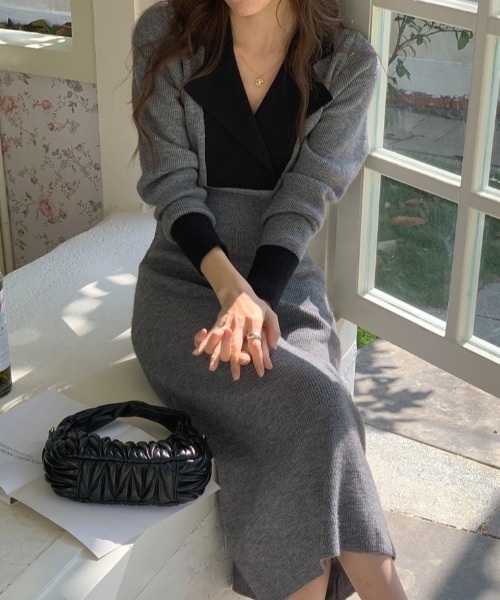 MARK&LONA定価64800円ブラック ニットワンピース セール】[低身長サイズ有]ミラノリブハーフジップニットワンピース