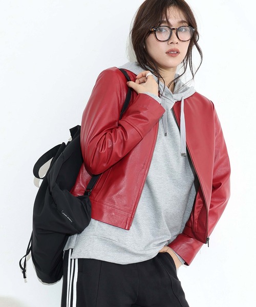 ElegChic ジャケット ノーカラージャケット ラムレザージャケット