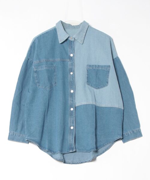 ブラウス シャツ デニムドッキングチェックシャツ レディース セール】異素材ドッキングチェックシャツ（シャツ/ブラウス