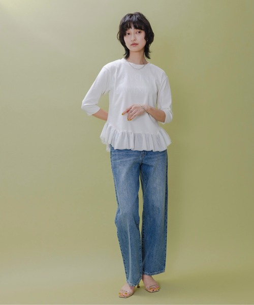 ★【新品】エイミーロウ テキストプリントメッシュフリルちびトップス 今季新作★ Eimee Law テキストプリント メッシュフリルちびトップス