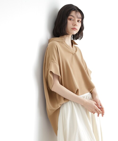 微シアー＆微光沢シワ加工スキッパーシャツ THE SHOP TK ブラウス シャツ スキッパーシャツ「接触冷感/防