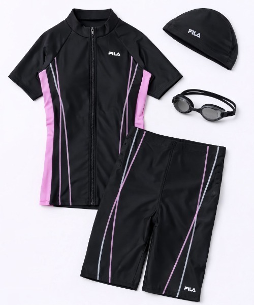 FILA（フィラ） 水着 「キャップ＆ミラーゴーグル付き」配色フルジップ