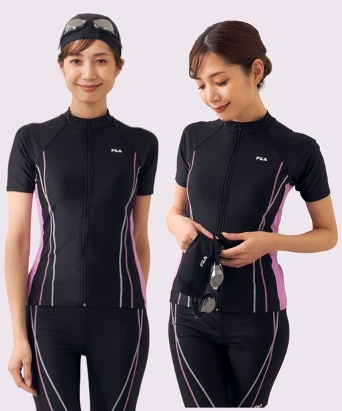 FILA（フィラ） 水着 「キャップ＆ミラーゴーグル付き」配色フルジップ