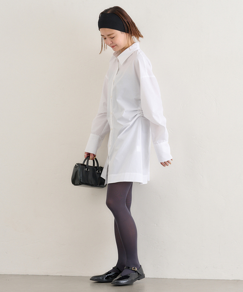 Spick & Span ブラックシャツワンピース 半袖 Spick＆Span ワンピース HYU ストライプギャザーシャツ