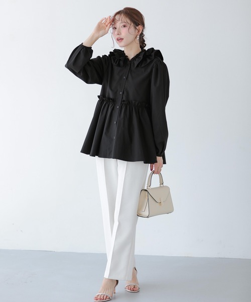 新品タグ付き！Fit more フィットモア 白襟 フリルブラウス ☆ブラック Fit more（フィットモア） ブラウス シャツ フリルフード切り替え