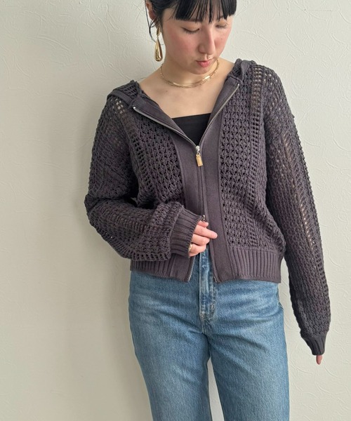 NAVY ニットメッシュカーディガン ベージュ LHELBIE カーディガン メッシュニットパーカー レディース