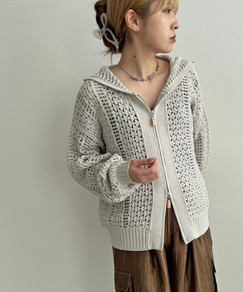 NAVY ニットメッシュカーディガン ベージュ LHELBIE カーディガン メッシュニットパーカー レディース