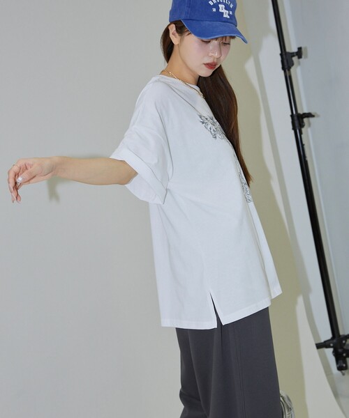 「PUBLUX」 半袖Tシャツ フリ- サックスブルー レディース_画像4