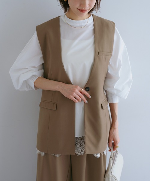 Freesia ベスト ジレ ノーカラーツイルジャケットベスト レディース