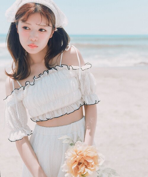水着 「体型カバー」レースシャーリングswimwear レディースの画像