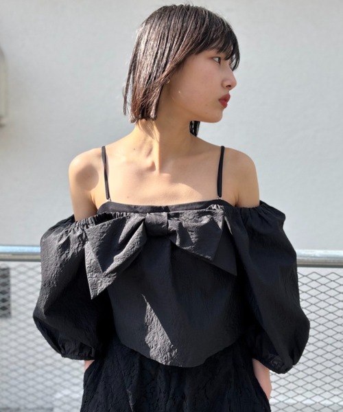 ブラウス シャツ jacquard ribbon puff blouse レディースの画像