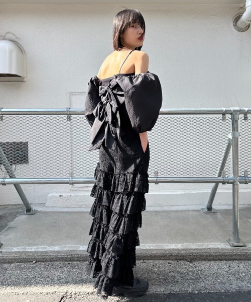 ブラウス シャツ jacquard ribbon puff blouse レディースの画像
