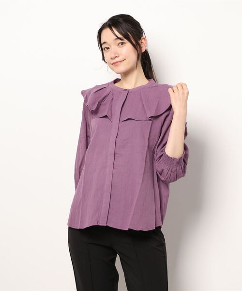 【パープル】【LOURMARIN】ベルベット衿ブラウス BELLUNA PLUS（ベルーナプラス） ブラウス シャツ ラッフル衿デザイン