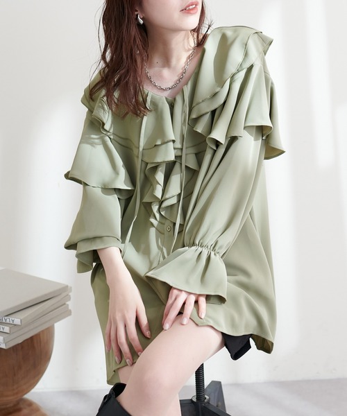 ナチュラルクチュール natural couture シャツ ブラウス ラッフル衿チュニックブラウス