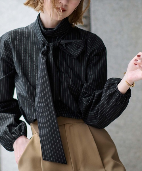 ボーダーズアットバルコニー BLOUSE NOIR ブラウス ハイネック シアー ur's（ユアーズ） ブラウス シャツ ボウタイ付シアーハイネック