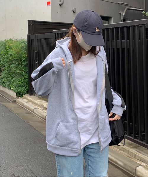 パーカー サイドラインワンポイント刺繍裏起毛 スウェットジップ