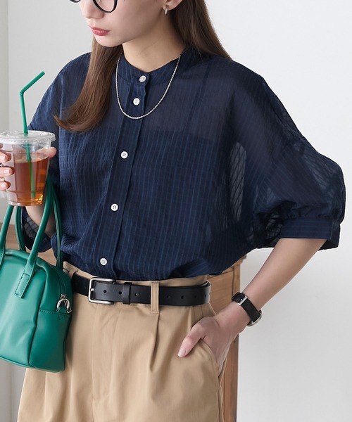 ★日本製★ベイジ　バンドカラー　シアーブラウス　シャツ　とろみ　透け感あり trim_ofnls_item1535f45ceb0b11e